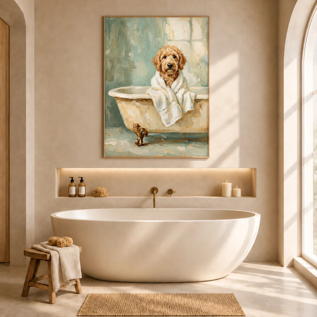 Bathrobe Companion artwork displayed above a freestanding bathtub.