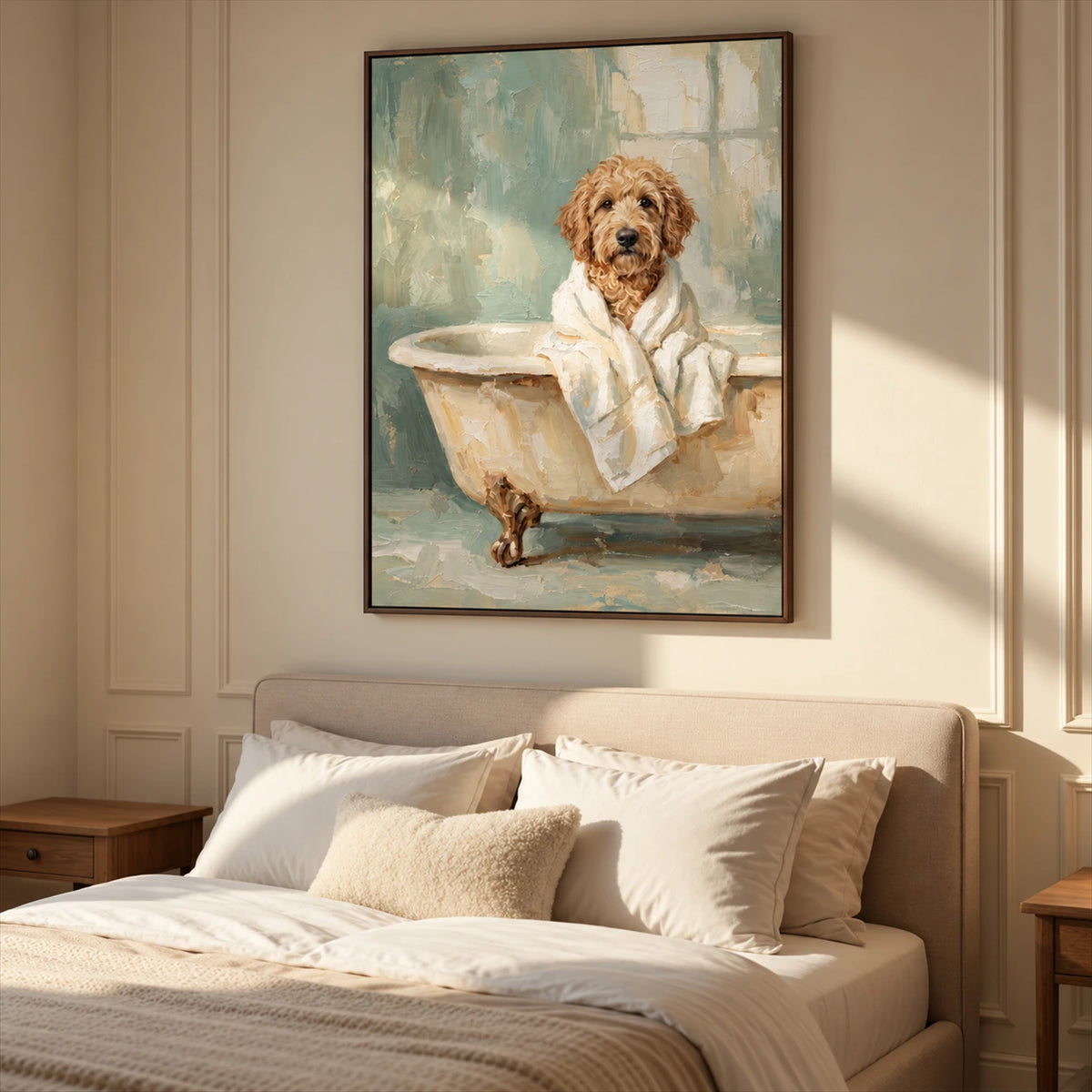 Bathrobe Companion artwork displayed above a bed.