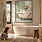 Bathrobe Companion artwork displayed above a bathtub with a dog nearby.