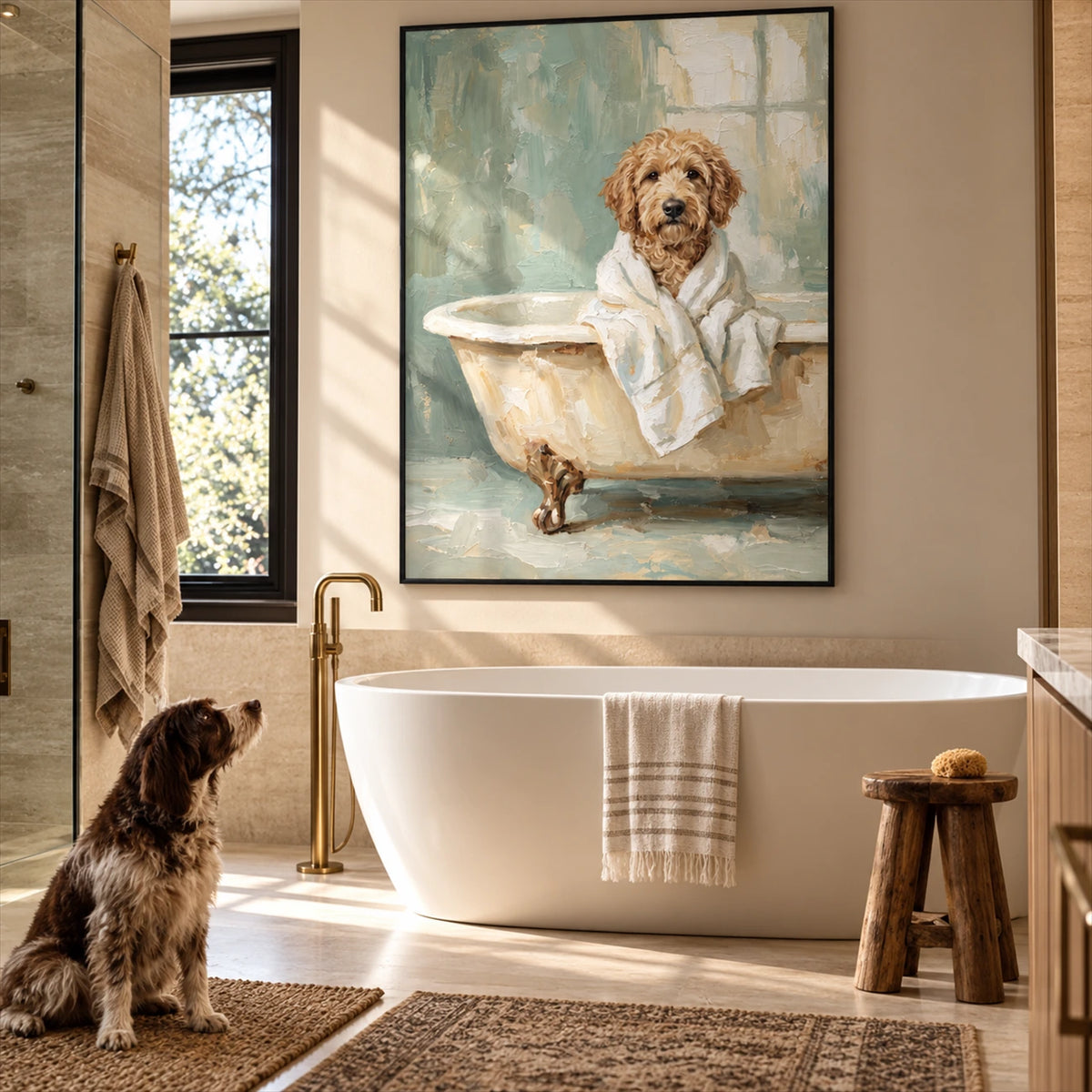 Bathrobe Companion artwork displayed above a bathtub with a dog nearby.