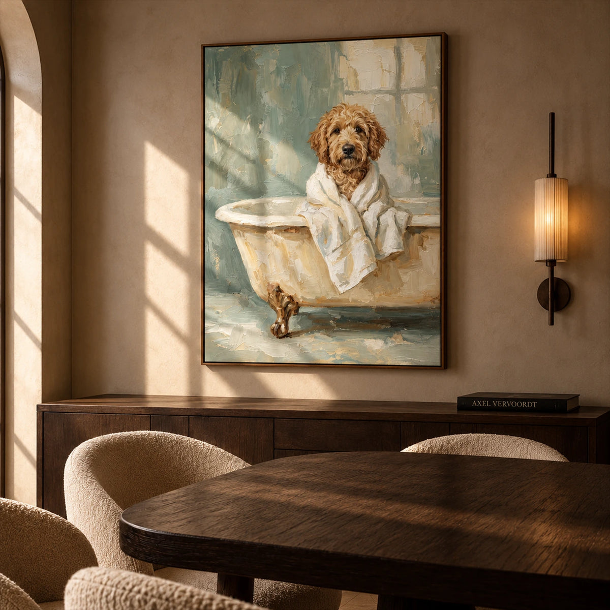 Bathrobe Companion artwork displayed above a dining sideboard.