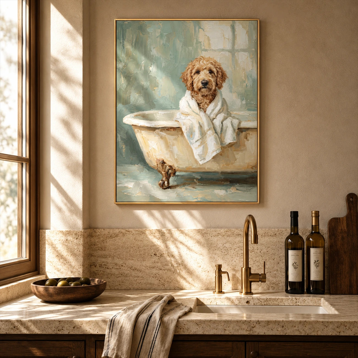 Bathrobe Companion artwork displayed above a kitchen sink.