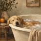 Bubble Repose full artwork. A golden retriever rests its head on the rim of a cream bathtub, surrounded by bubbles and quiet bathroom details.