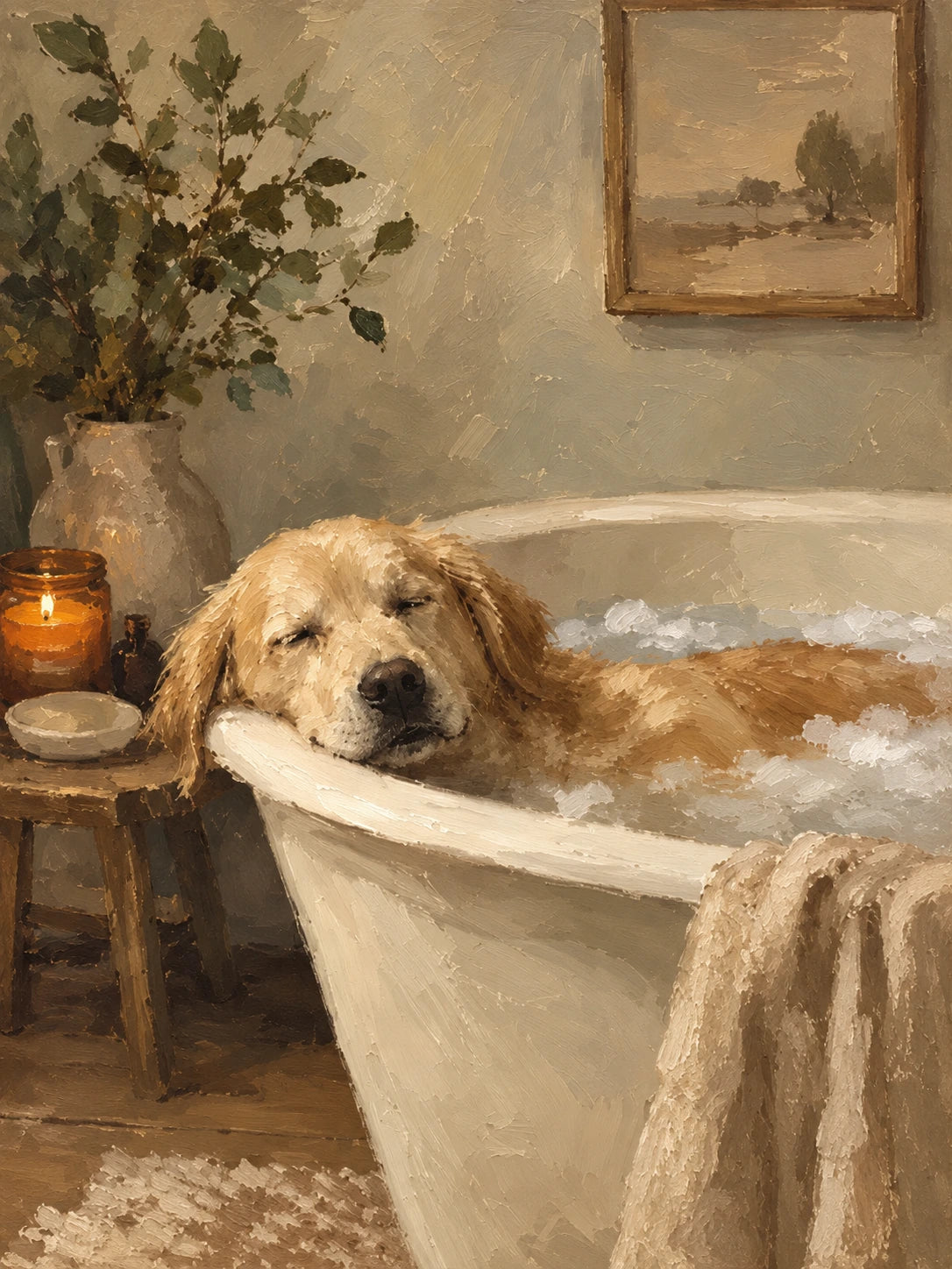 Bubble Repose full artwork. A golden retriever rests its head on the rim of a cream bathtub, surrounded by bubbles and quiet bathroom details.