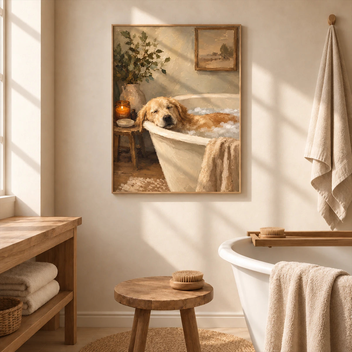 Bubble Repose artwork displayed above a bathroom vanity beside a tub.