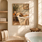 Bubble Repose artwork displayed above a bathtub beside towel shelves.
