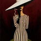 Striped Aperitif full artwork. A slender figure in a black and ivory striped dress holds a wine glass beneath an oversized pale hat.