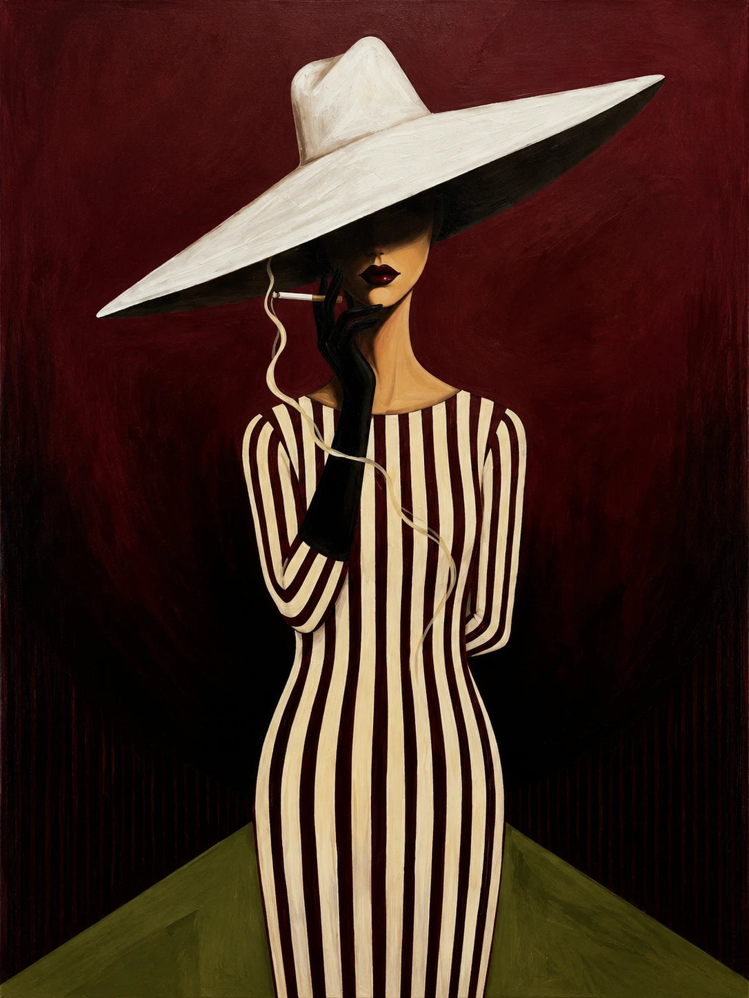 Striped Aperitif full artwork. A slender figure in a black and ivory striped dress holds a wine glass beneath an oversized pale hat.
