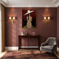 Striped Aperitif artwork displayed above a console between wall sconces.