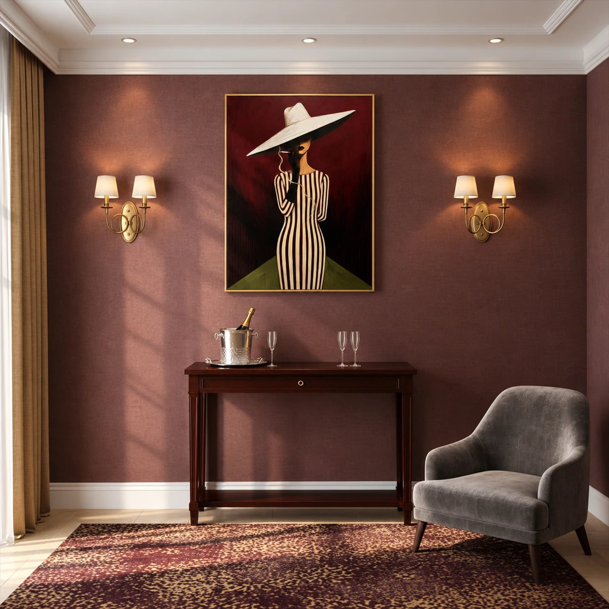 Striped Aperitif artwork displayed above a console between wall sconces.