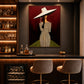 Striped Aperitif artwork displayed above a bar counter with stools.