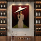 Striped Aperitif artwork displayed between wine shelves above a counter.