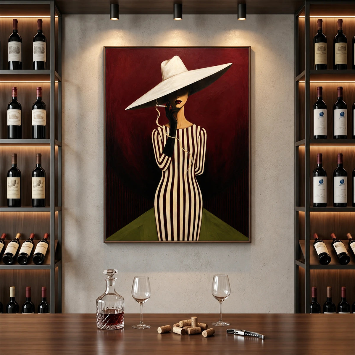 Striped Aperitif artwork displayed between wine shelves above a counter.