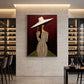 Striped Aperitif artwork displayed on a stone wall in a wine bar.