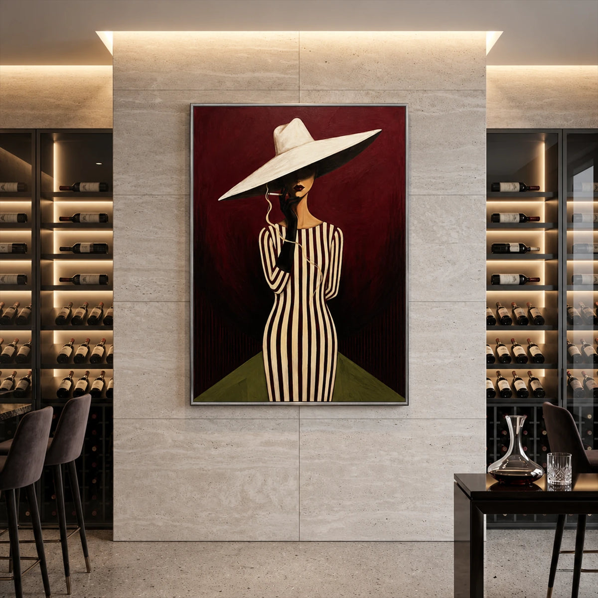 Striped Aperitif artwork displayed on a stone wall in a wine bar.