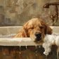 Suds Slumber full artwork. A sleepy golden retriever rests its head on a bathtub rim as soft bubbles gather around it.