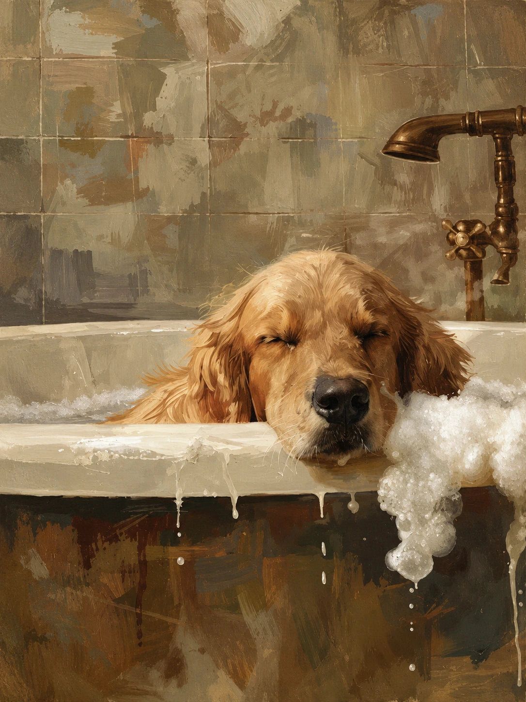 Suds Slumber full artwork. A sleepy golden retriever rests its head on a bathtub rim as soft bubbles gather around it.