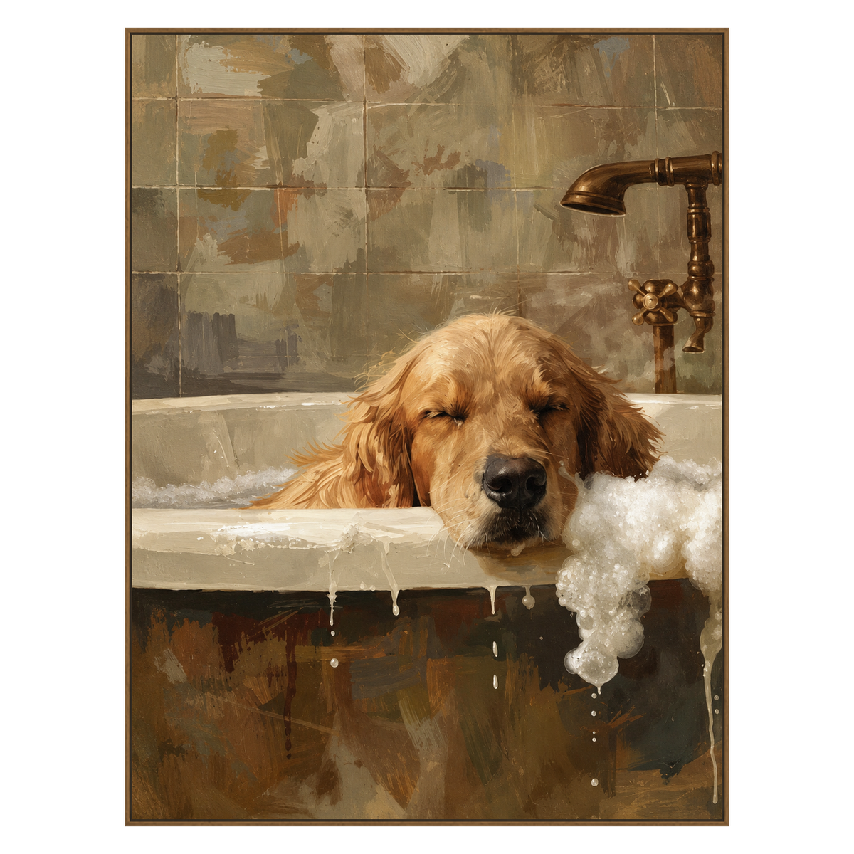 Suds Slumber artwork in a natural wood frame on a transparent background.