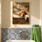 Suds Slumber artwork displayed above a blue-tiled bathroom vanity.