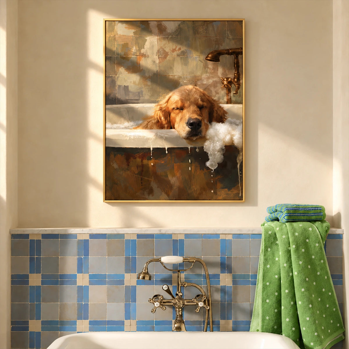 Suds Slumber artwork displayed above a blue-tiled bathroom vanity.