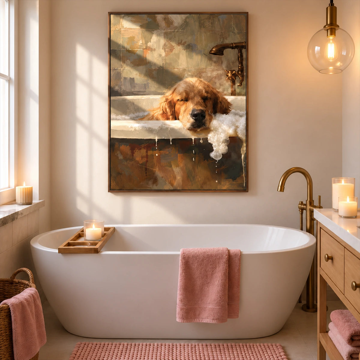 Suds Slumber artwork displayed above a freestanding bathtub with a pink towel.