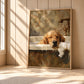 Suds Slumber artwork displayed leaning on a wood floor.