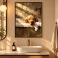 Suds Slumber artwork displayed above a bathroom basin vanity.