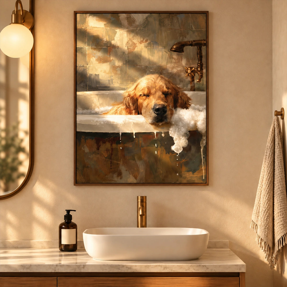 Suds Slumber artwork displayed above a bathroom basin vanity.