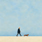 Little Stroll full artwork. A tiny figure walks a dachshund across a narrow sandy strip beneath an expansive pale blue sky.