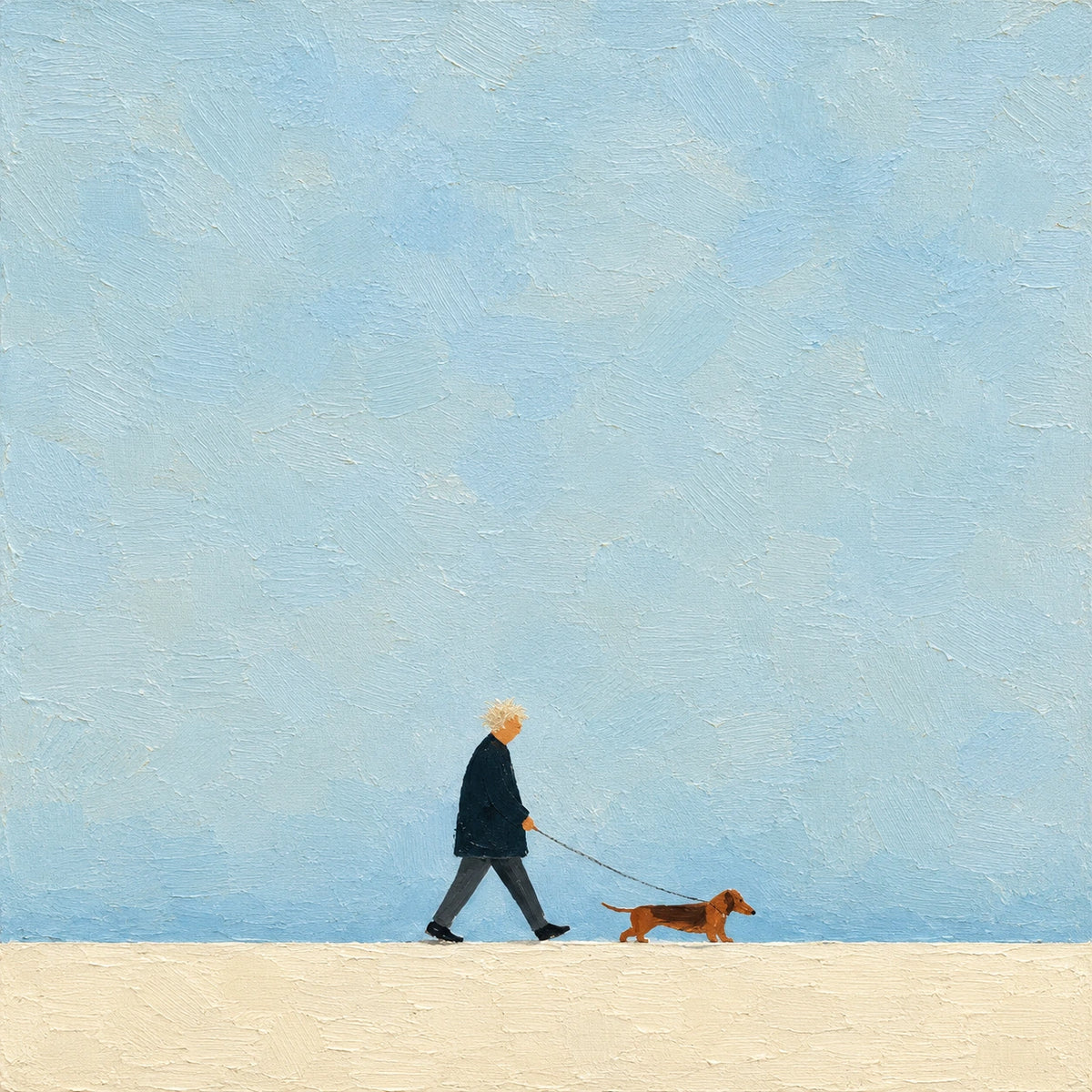 Little Stroll full artwork. A tiny figure walks a dachshund across a narrow sandy strip beneath an expansive pale blue sky.