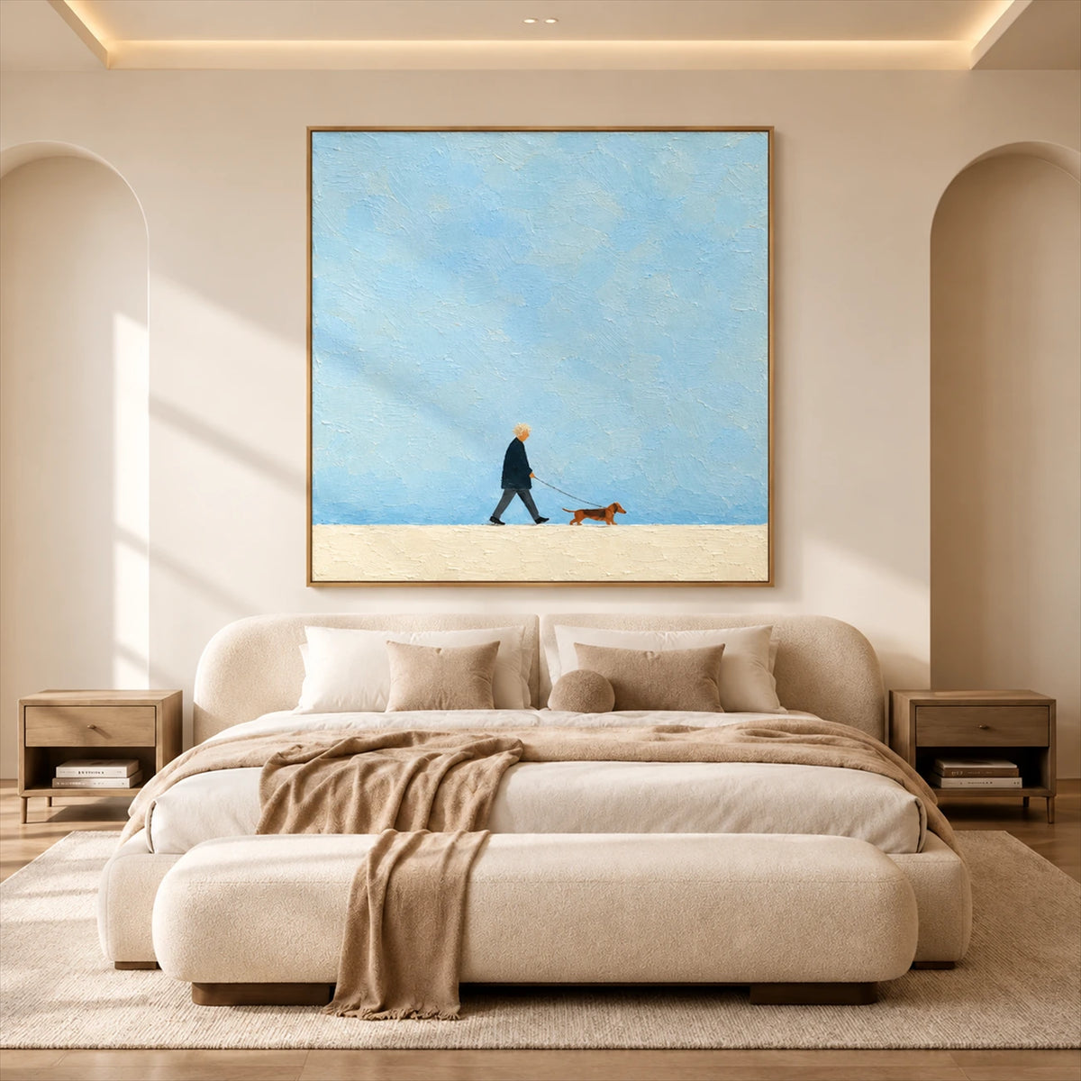 Little Stroll artwork displayed above a bed.