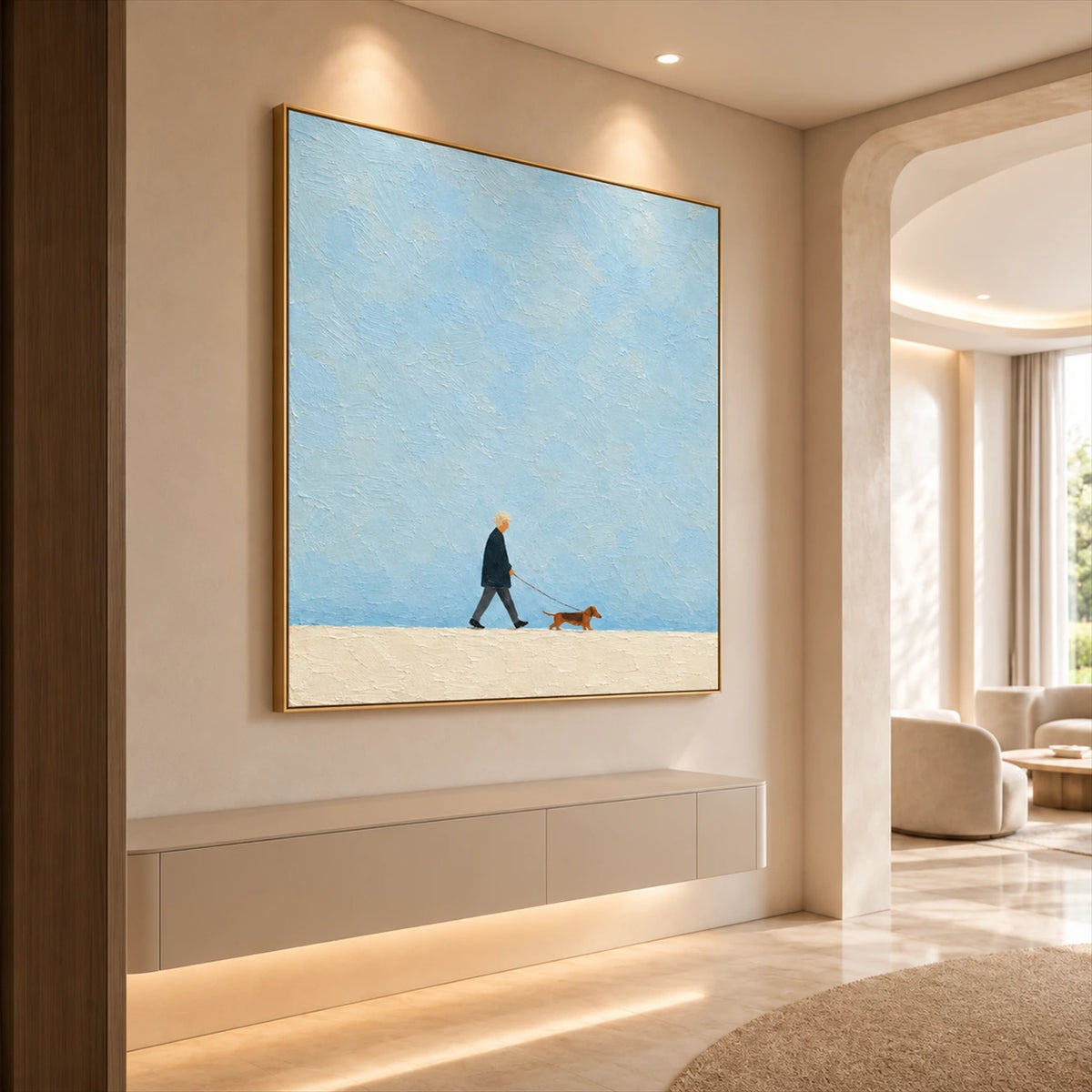 Little Stroll artwork displayed above a slim hallway ledge.