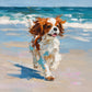 Seaside Dash full artwork. A lively spaniel runs across sunlit sand as turquoise waves break behind it.