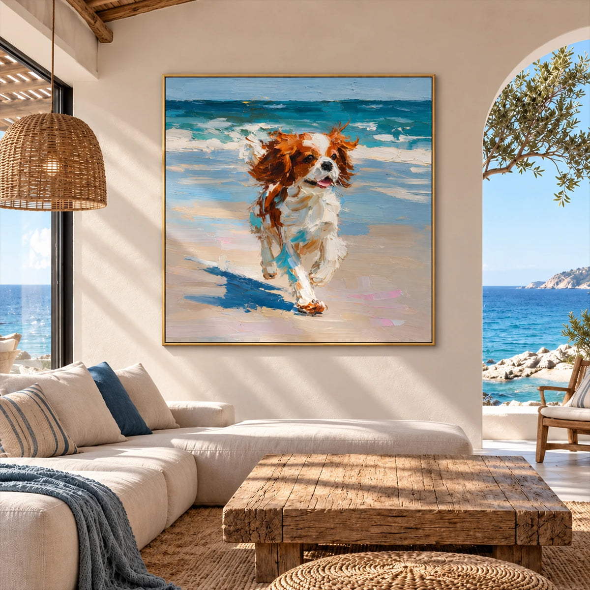 Seaside Dash artwork displayed above a cream sofa in a coastal living room.