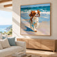 Seaside Dash artwork displayed above a wood sideboard beside a sofa.