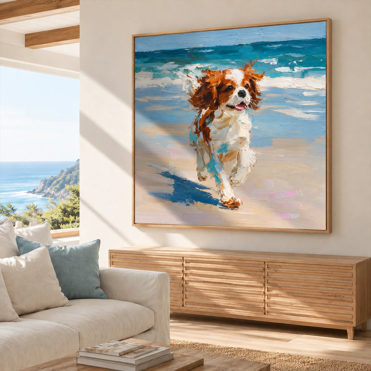 Seaside Dash artwork displayed above a wood sideboard beside a sofa.
