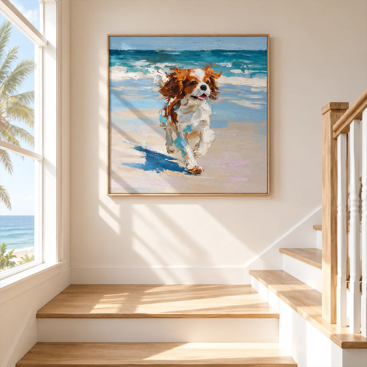 Seaside Dash artwork displayed beside a staircase in a sunlit hallway.