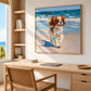 Seaside Dash artwork displayed above a wood desk beside a window.