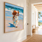 Seaside Dash artwork displayed on a bright hallway wall.