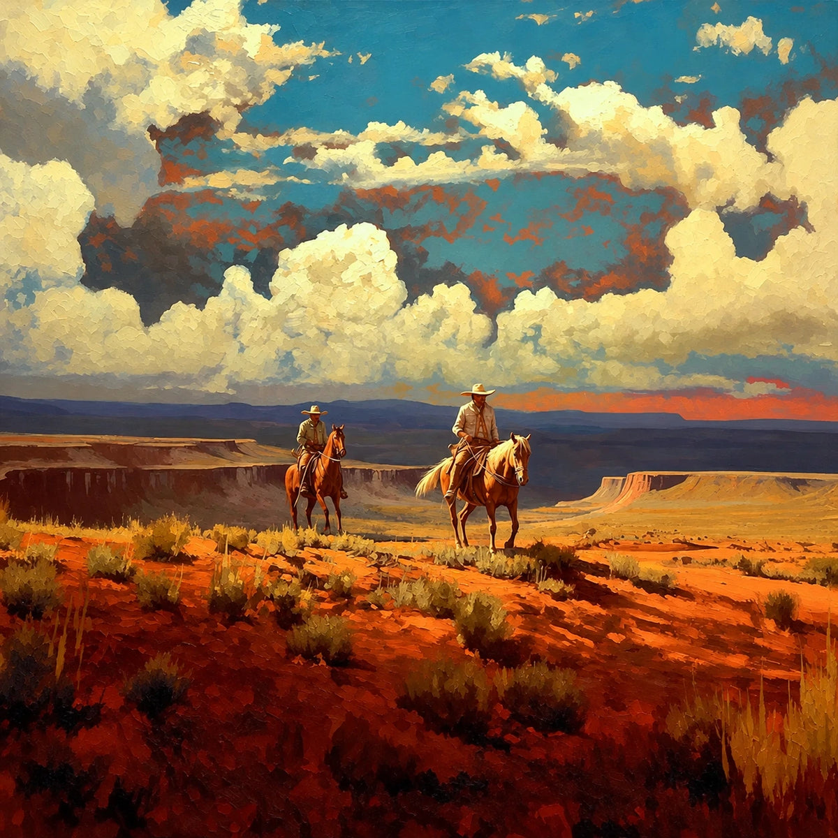 Canyon Riders full artwork. Two riders cross an ochre plateau beneath towering cream clouds and a deep turquoise sky.