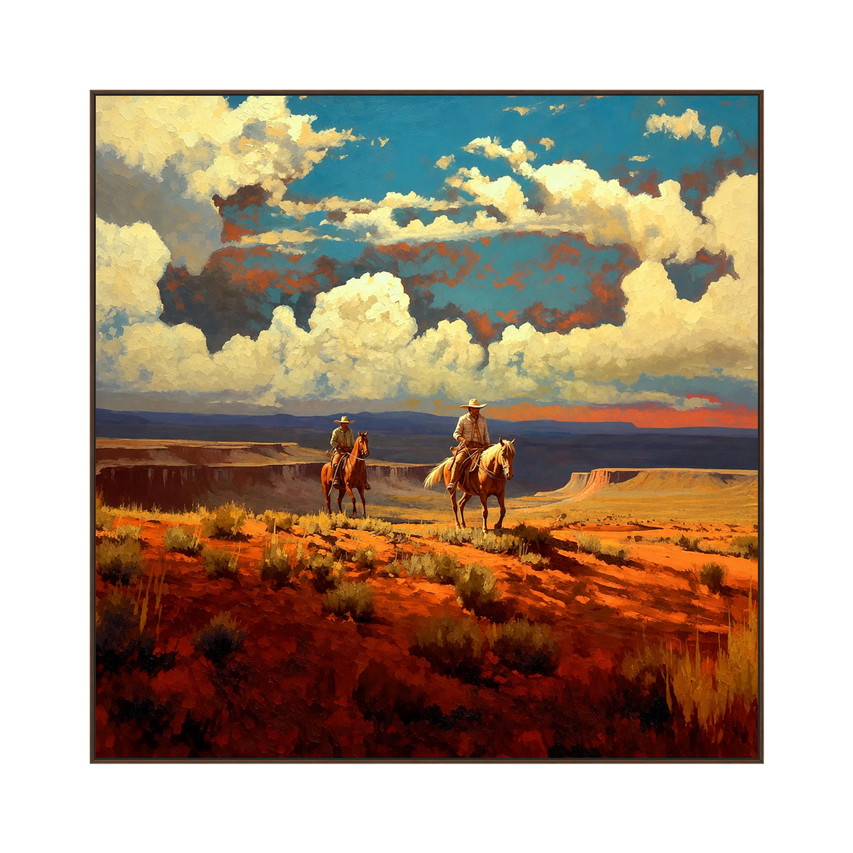 Canyon Riders artwork in a warm brown wood frame on a transparent background.
