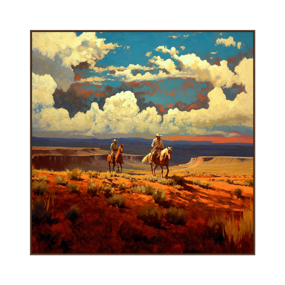 Canyon Riders artwork in a warm brown wood frame on a transparent background.