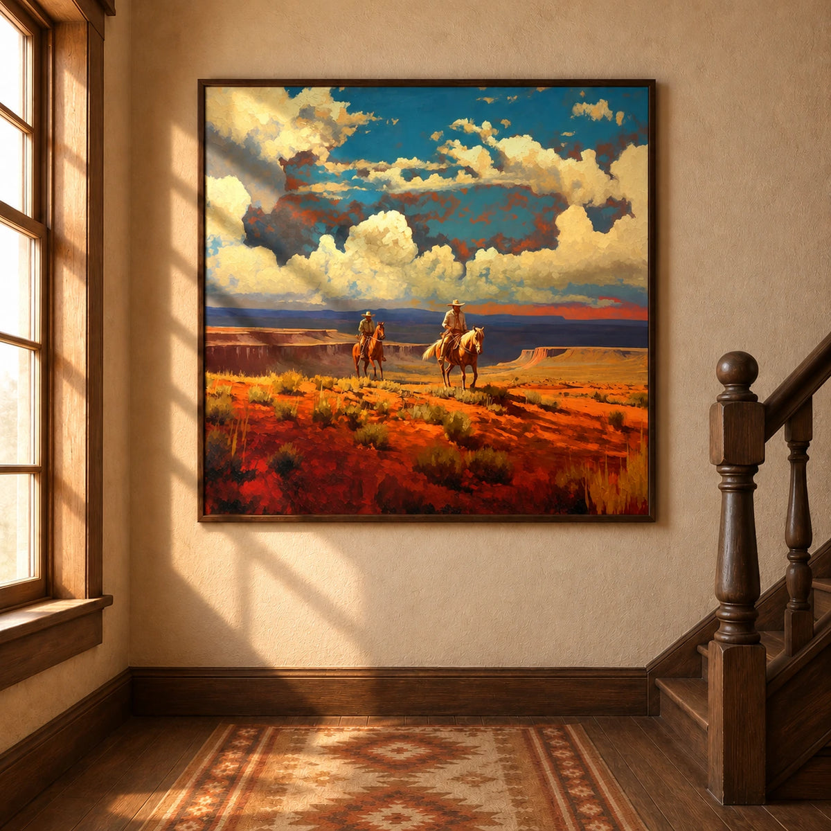 Canyon Riders artwork displayed beside a staircase in a warm hallway.
