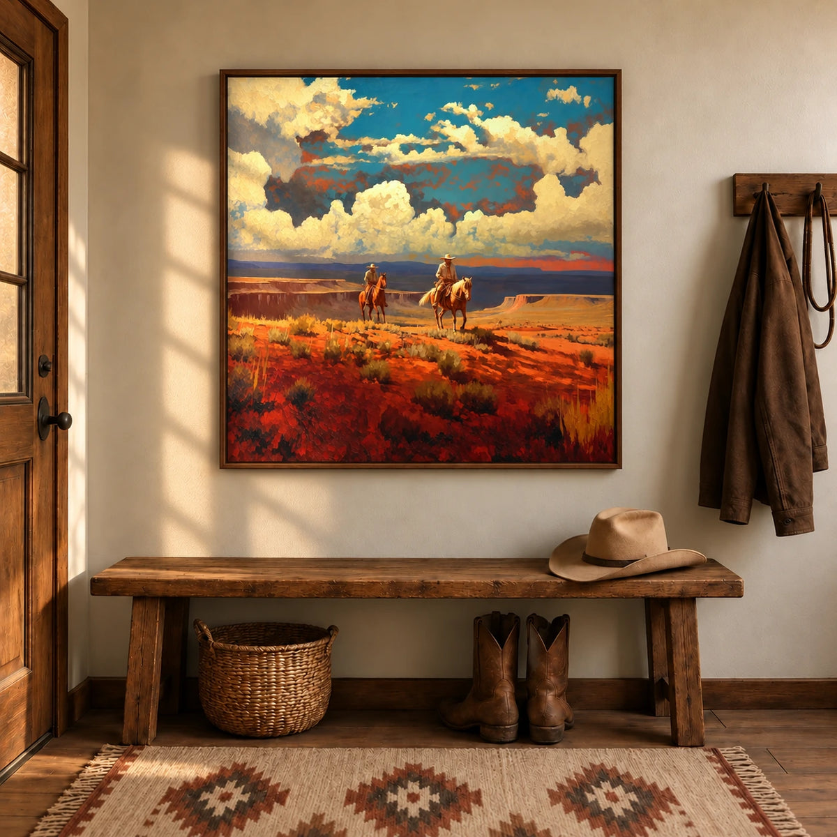 Canyon Riders artwork displayed above a rustic entry bench.