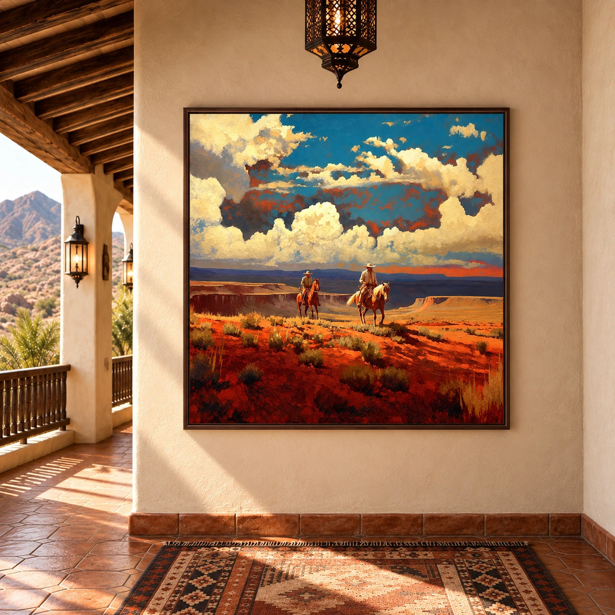 Canyon Riders artwork displayed on a covered terrace overlooking mountains.