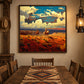 Canyon Riders artwork displayed above a rustic dining table.