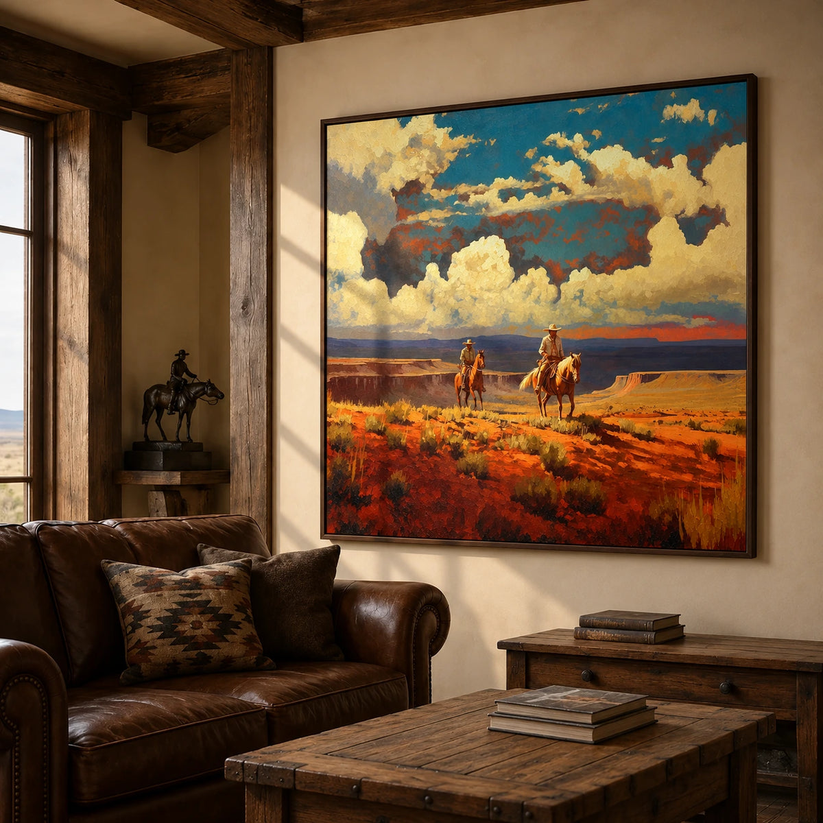 Canyon Riders artwork displayed above a leather sofa in a rustic living room.