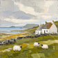 Coastal Pasture full artwork. Sheep graze beside a white cottage overlooking a quiet stretch of coast.