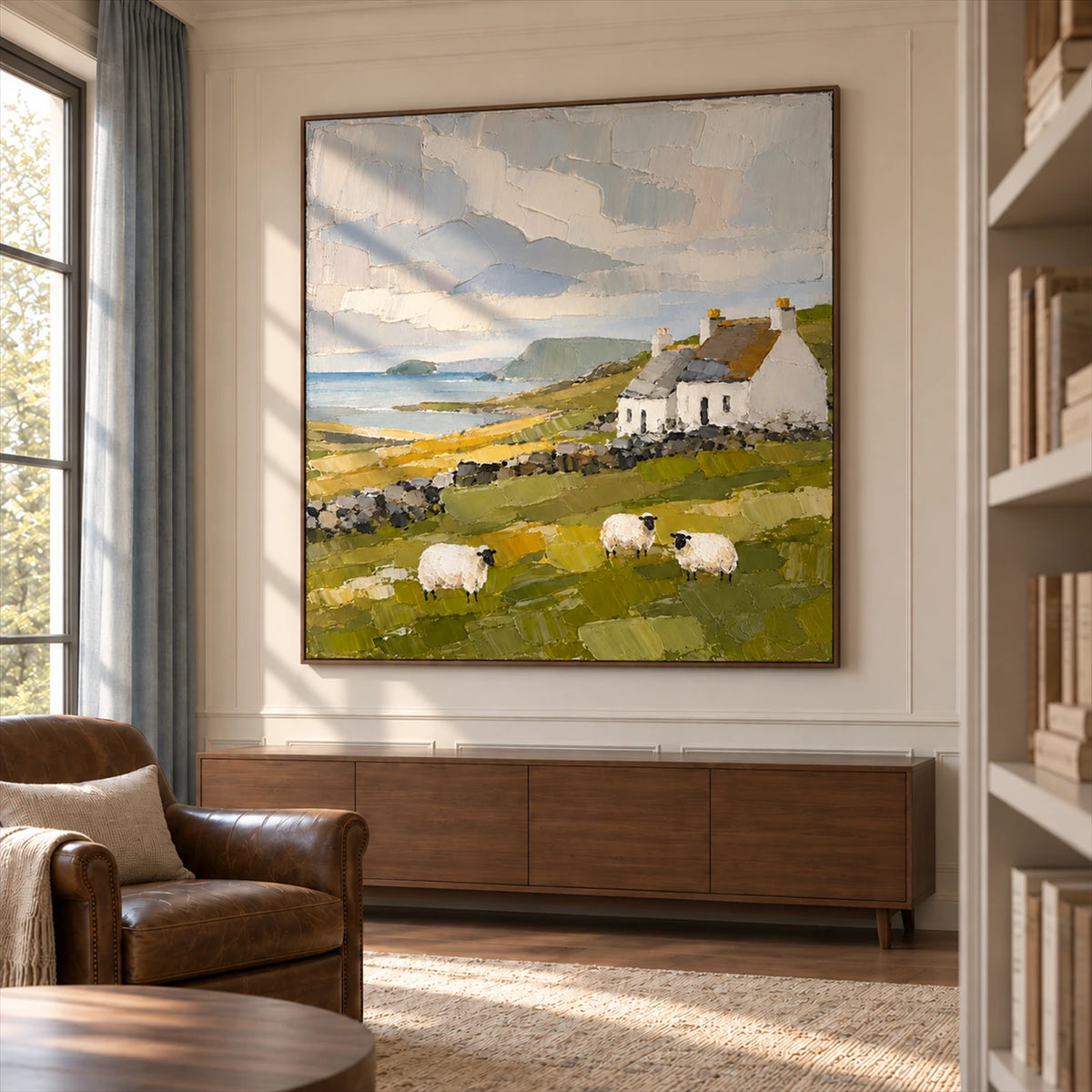 Coastal Pasture artwork displayed above a wood sideboard beside a leather armchair.