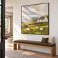Coastal Pasture artwork displayed above a cushioned hallway bench.